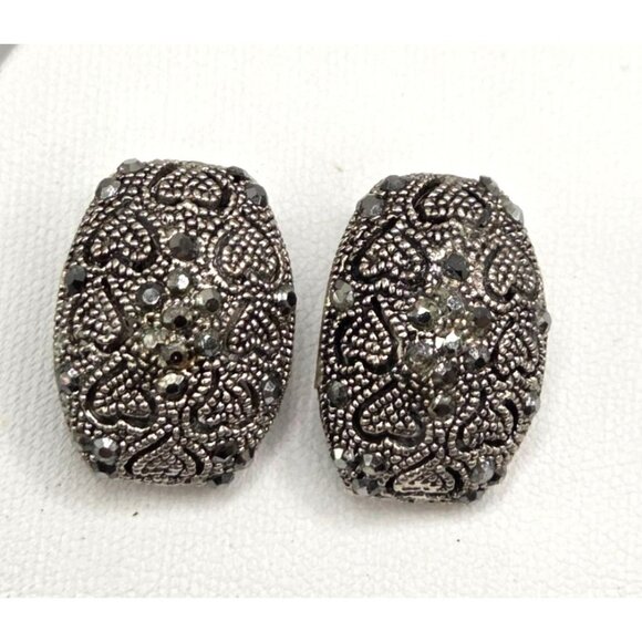 Vintage Silver-Tone Rhinestone Marcasite Clip-On Earrings With Intricate Heart P - Picture 1 of 2